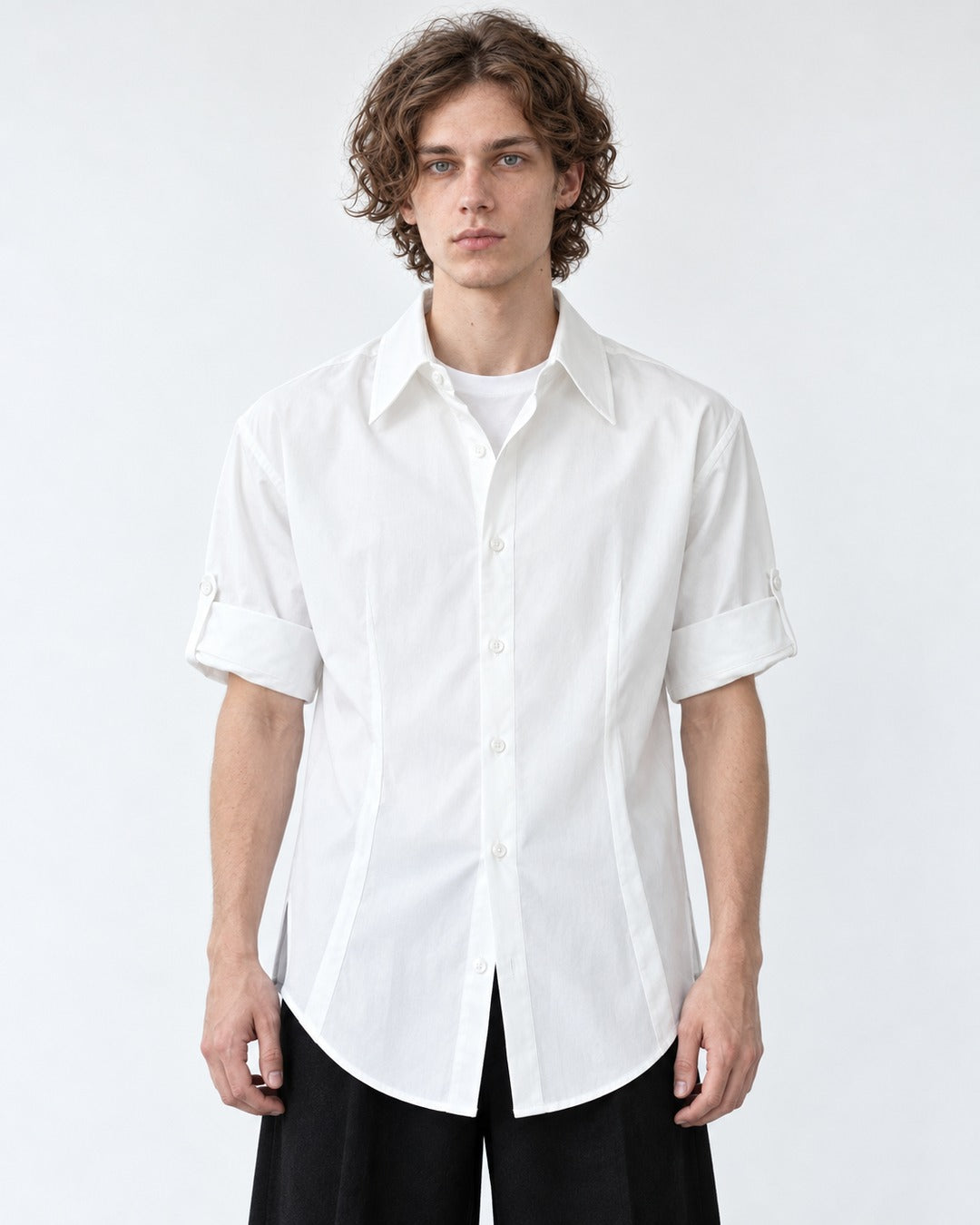 Point-Collar Roll-Tab Short Sleeve Shirt