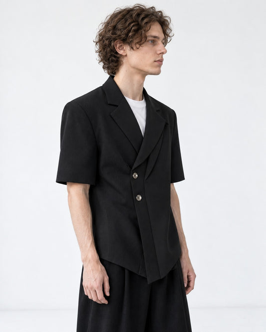 Short-Sleeve Asymmetric-Lapel Blazer