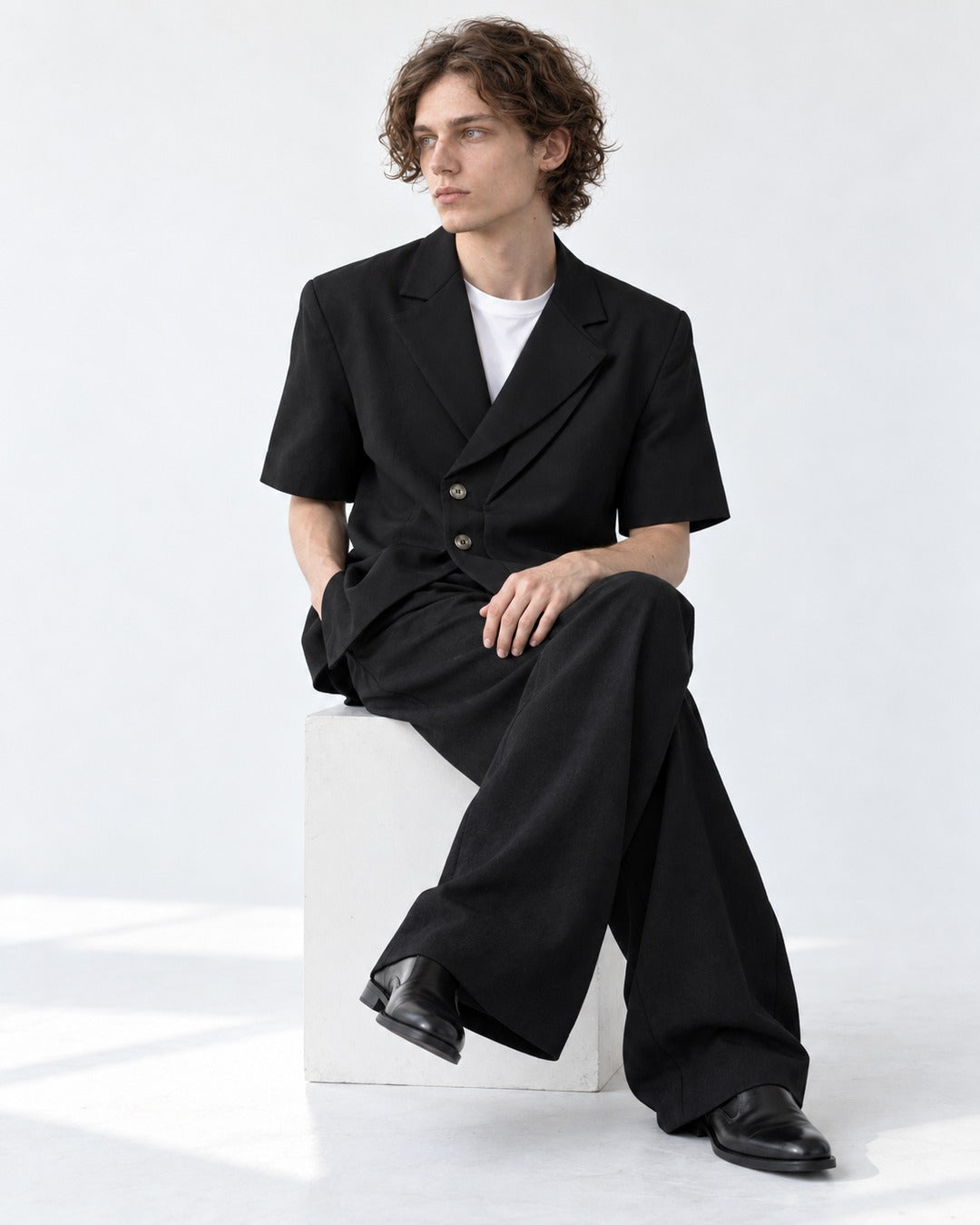 Short-Sleeve Asymmetric-Lapel Blazer