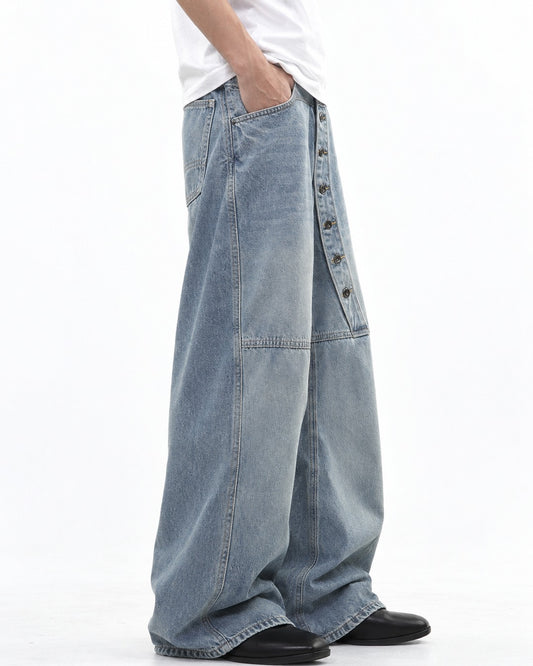 Washed Wide-Leg Jeans with Button Fly