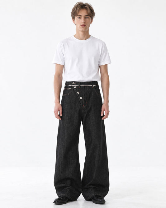 Diagonal Button-Fly Wide-Leg Jeans