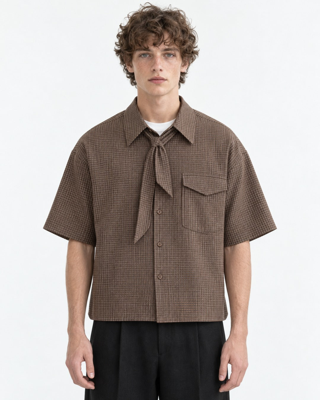 Micro-Check Shirt with Tie-Neck Detail