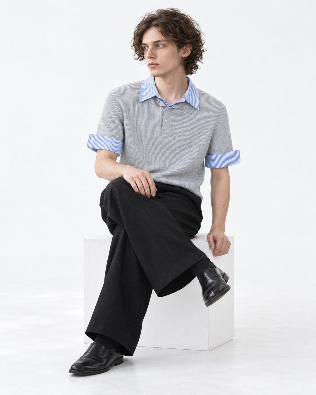 Knit Polo with Contrast Striped Cuffs (Gray)