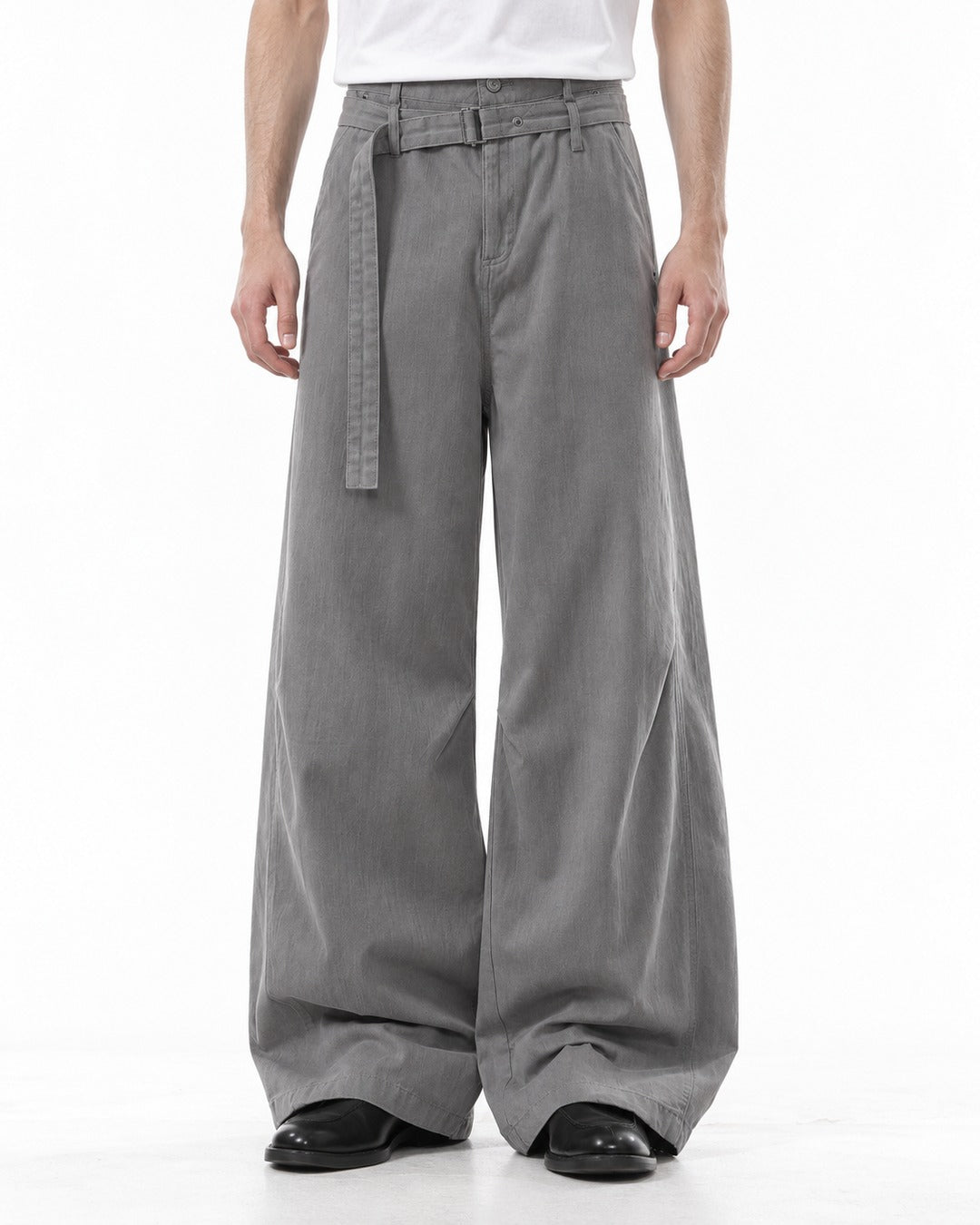 Self-Belt Riveted Wide-Leg Trousers