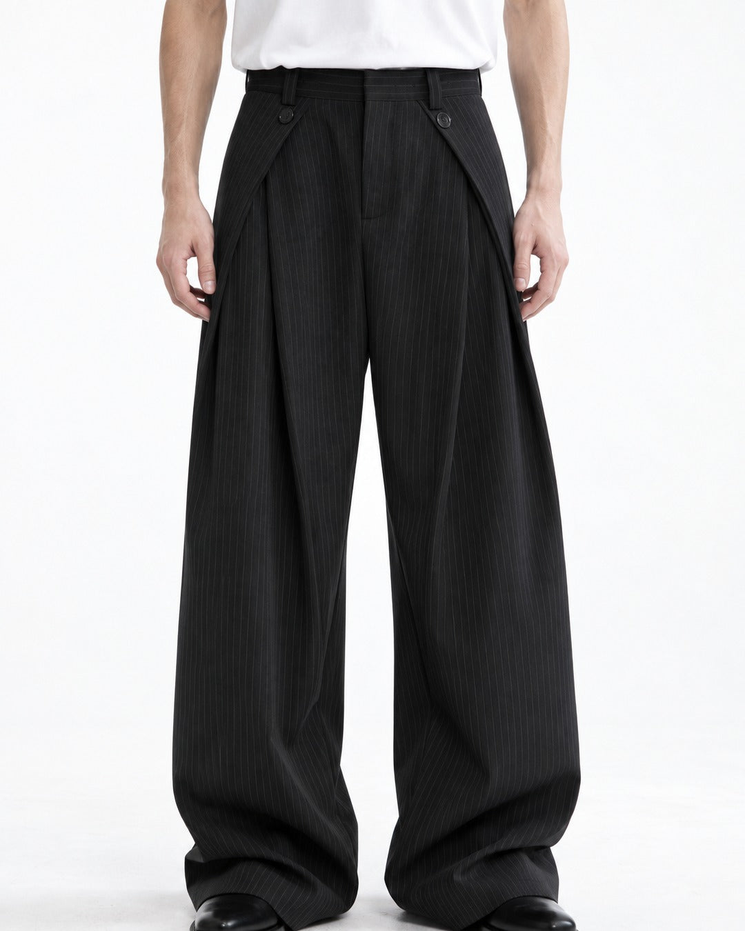 Button-Tab Wrap Wide-Leg Trousers