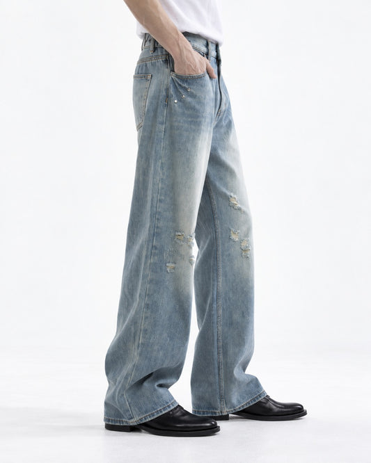 Faded Distressed Wide-Leg Jeans