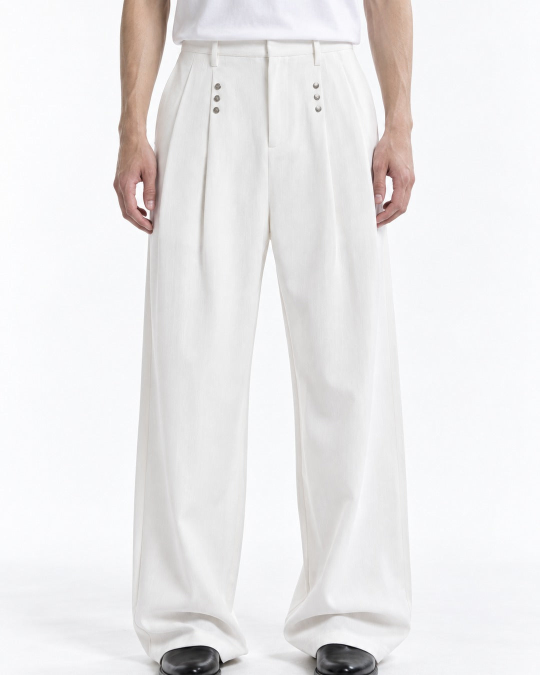 Multi-Snap Pleated Wide-Leg Trousers