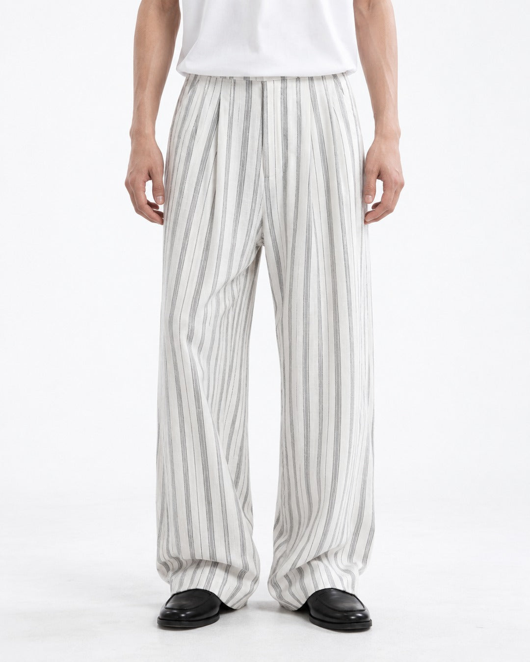 Striped Pleated Wide-Leg Trousers