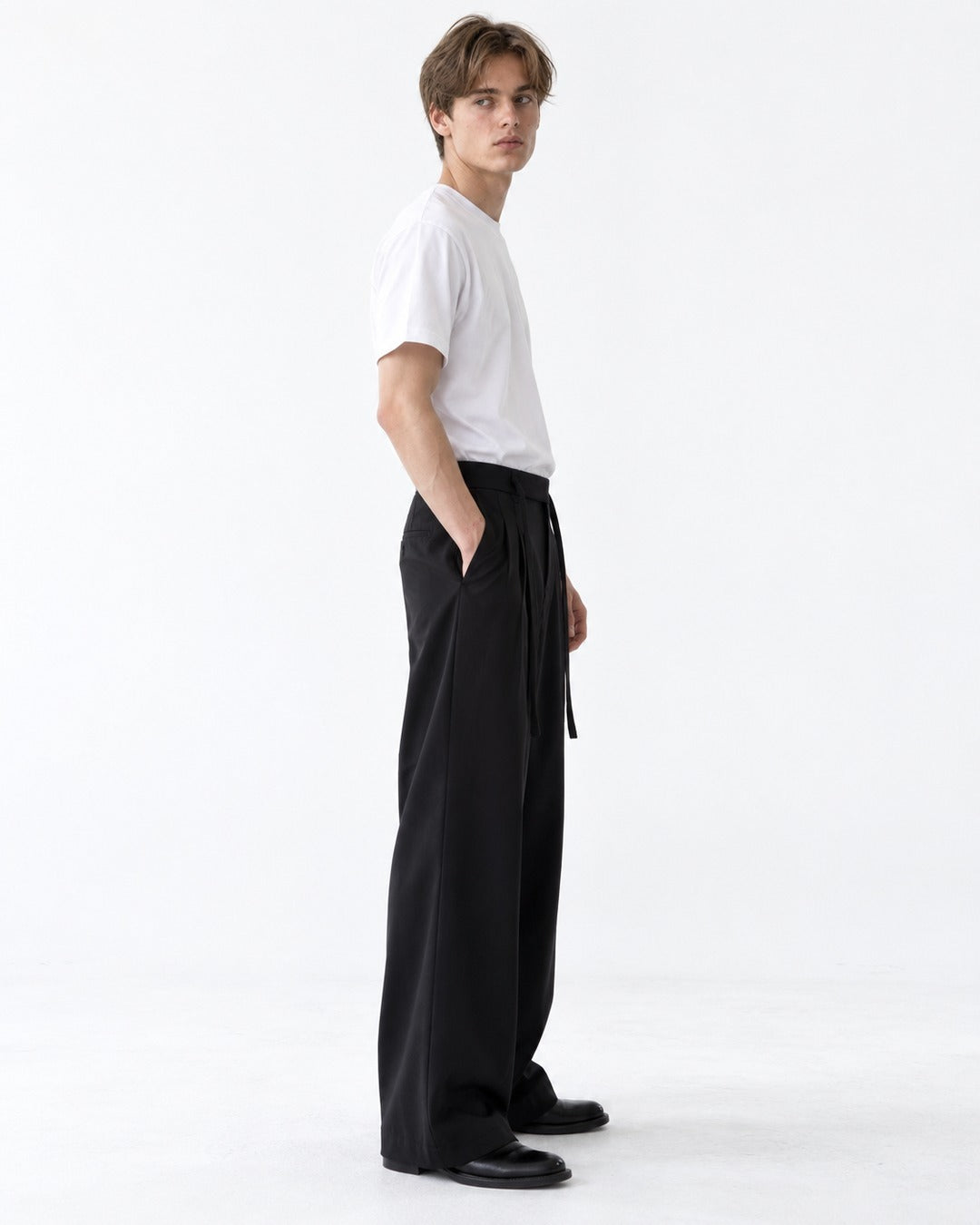 Sash Tie Double Pleat Wide-Leg Trousers
