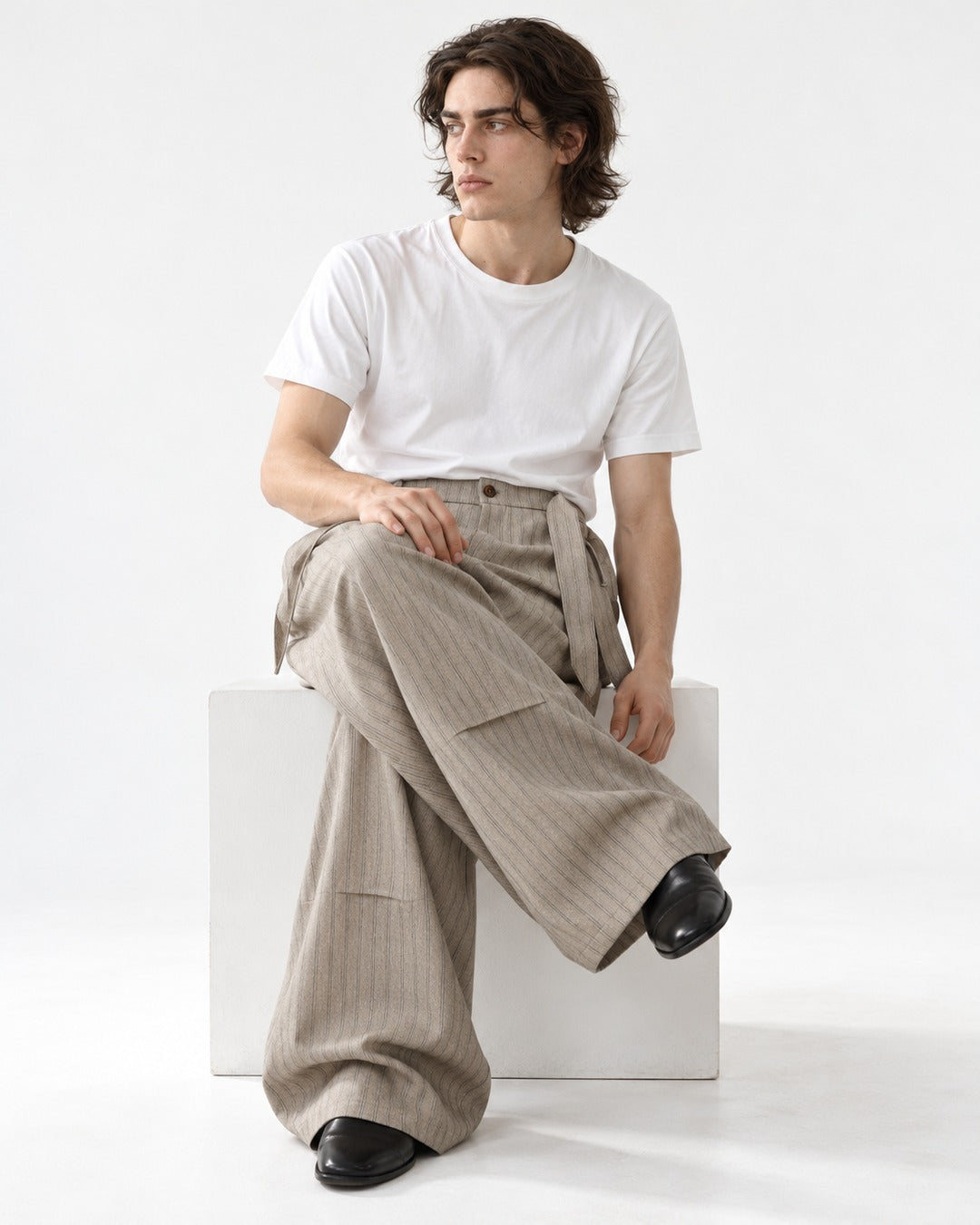 Tie Waist Patch Pocket Striped Trousers