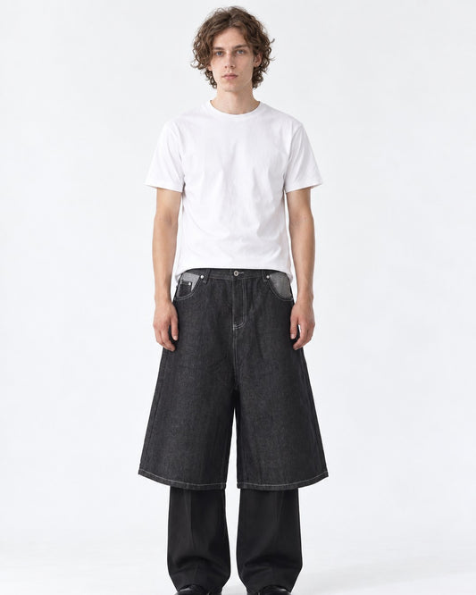 Button-Fly Wide-Leg Denim Shorts (Black)