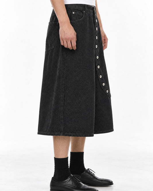 Wide-Leg Button-Fly Denim Shorts