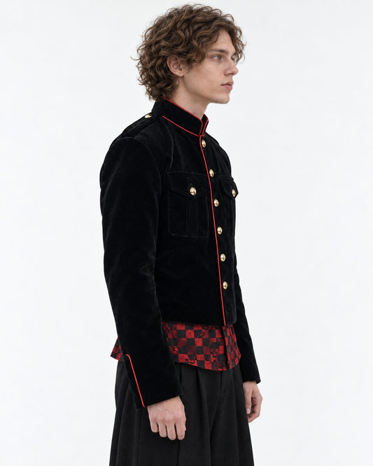 Gold-Trim Military Jacket with Checkered Hem