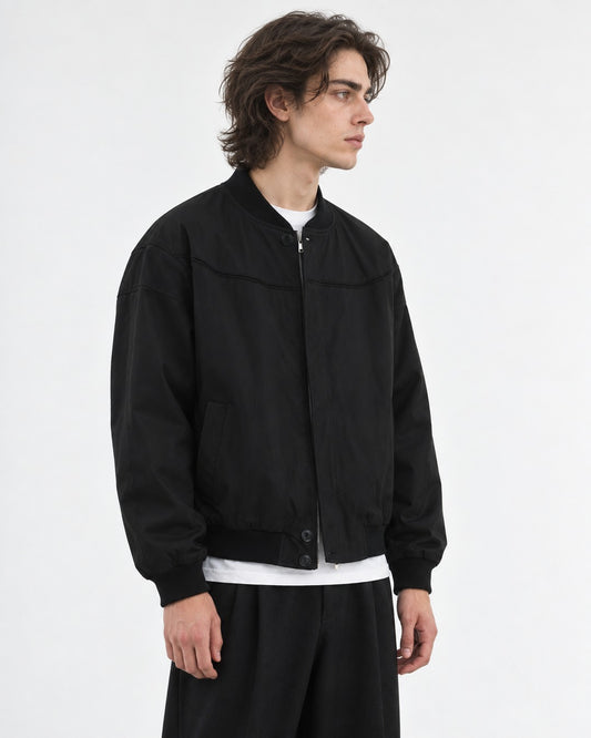 Snap Placket Ribbed Bomber Jacket