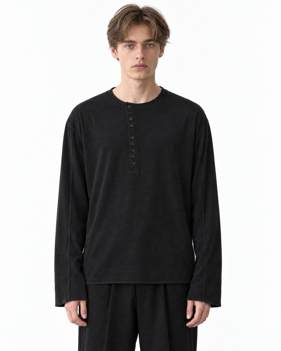 Asymmetric Diagonal-Placket Henley with Raw-Edge Hem