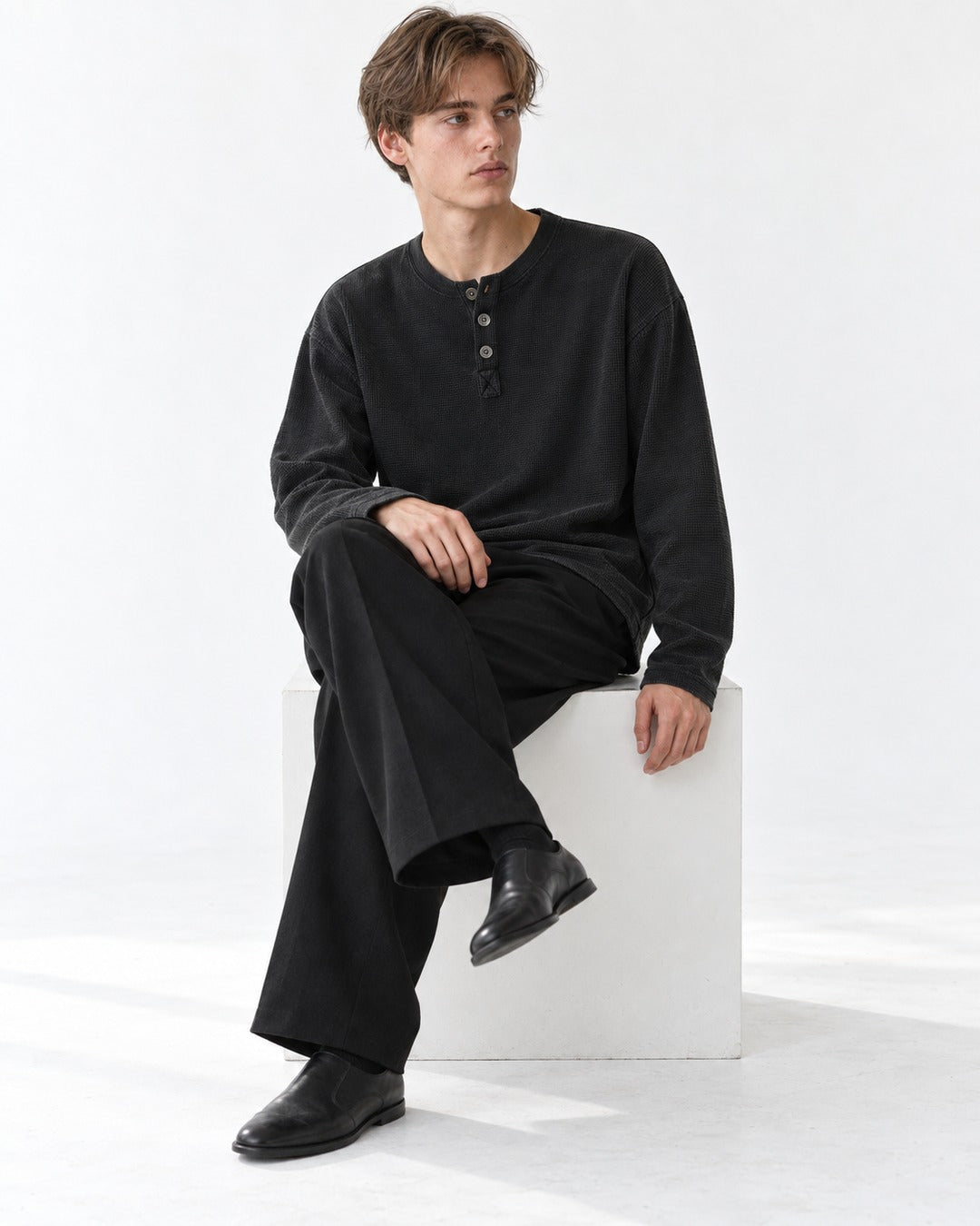 3-Button Waffle Henley Long-Sleeve Top