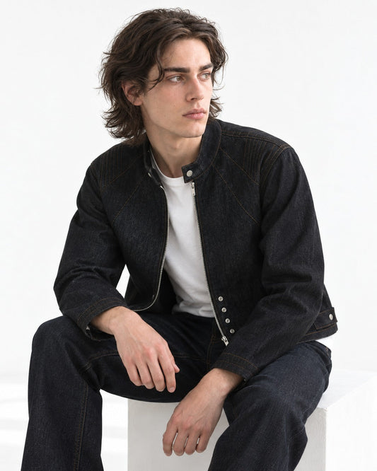 Snap Collar Trucker Jacket & Flare Pants Set-Up