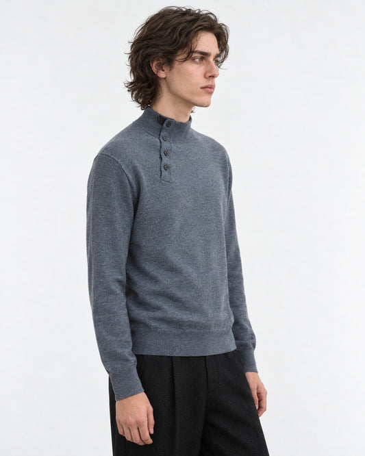 Diagonal Button Mock Neck Sweater