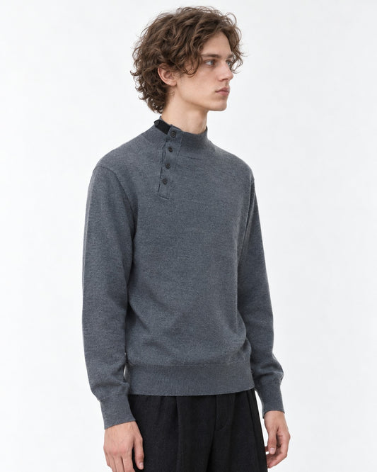 Button-Placket Mock Neck Sweater