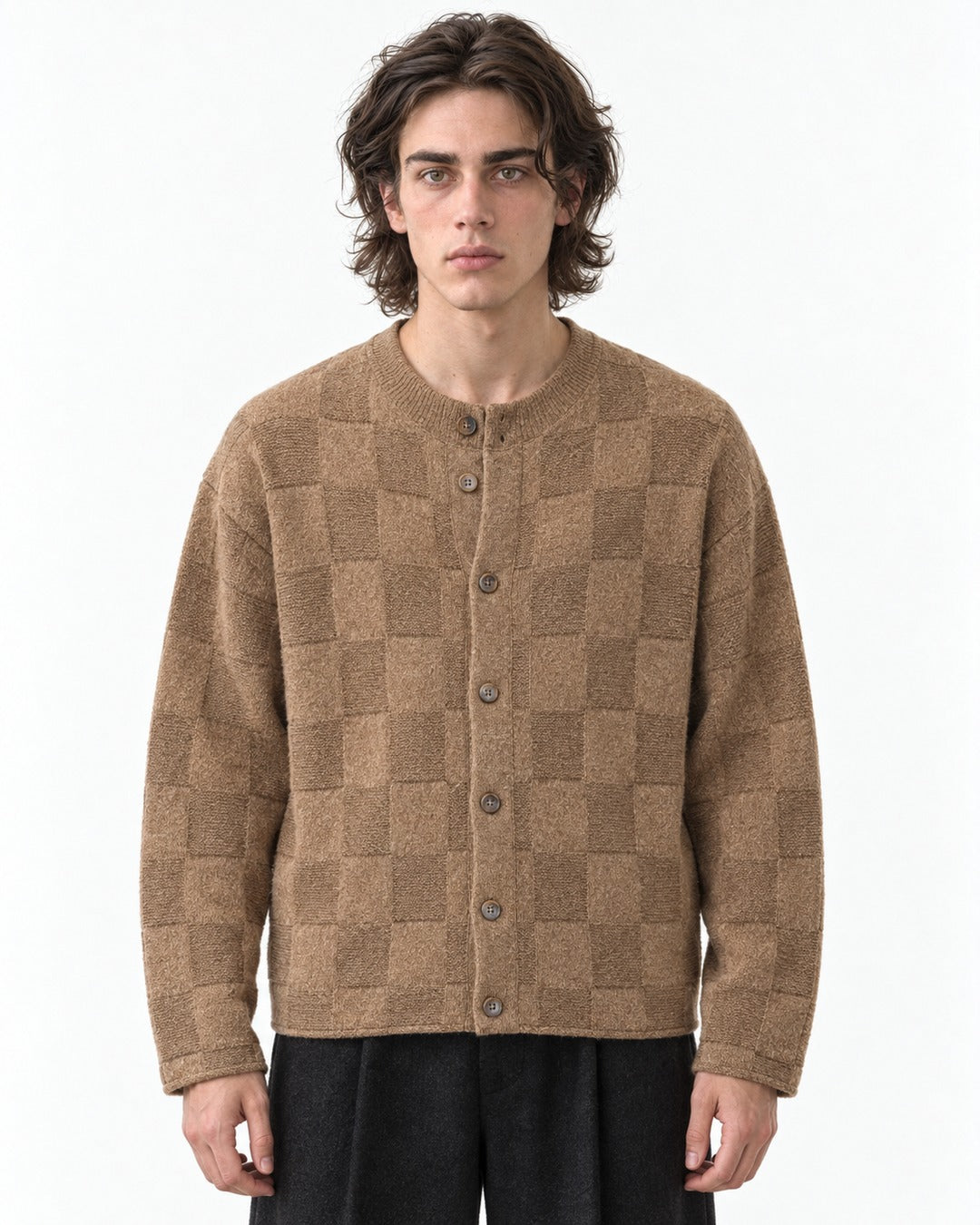 Checkerboard-Knit Button Cardigan