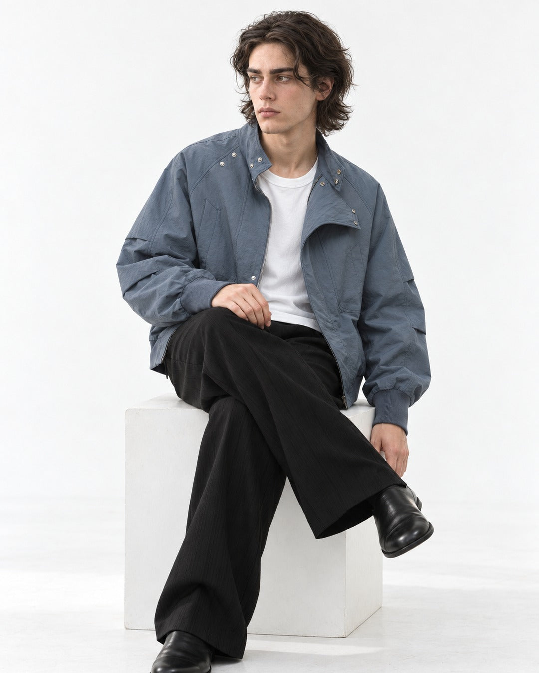 Curved Lapel Stand Collar Jacket