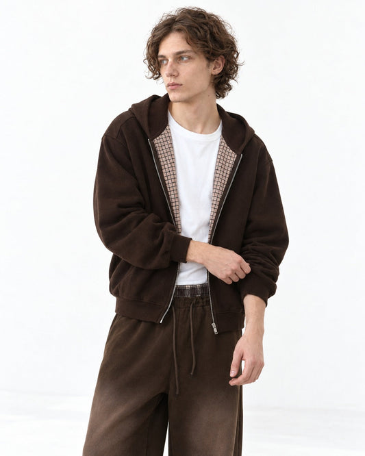Checked-Placket Zip Hoodie and Sweatpants Set-Up