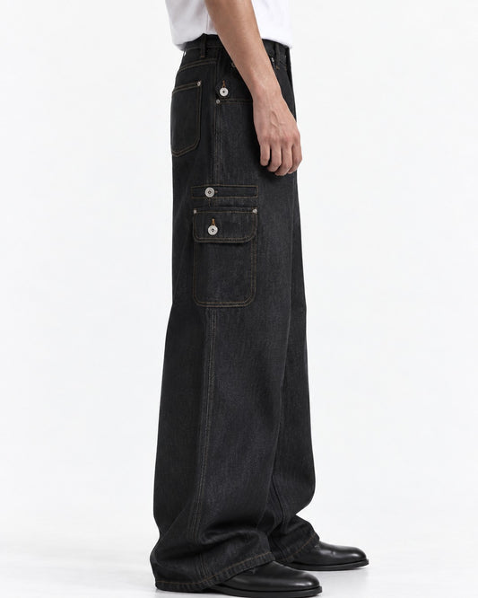 Contrast-Stitch Flap-Pocket Straight-Leg Jeans