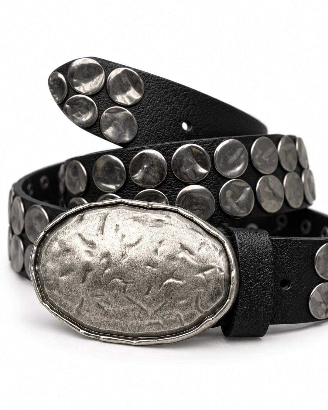 Hammered Oval Buckle Studded Belt