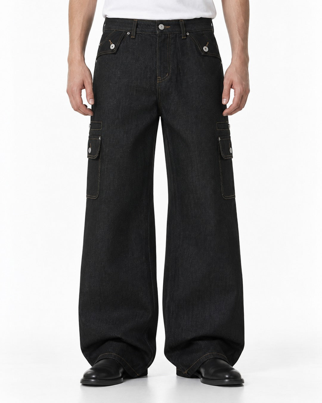Contrast-Stitch Flap-Pocket Straight-Leg Jeans