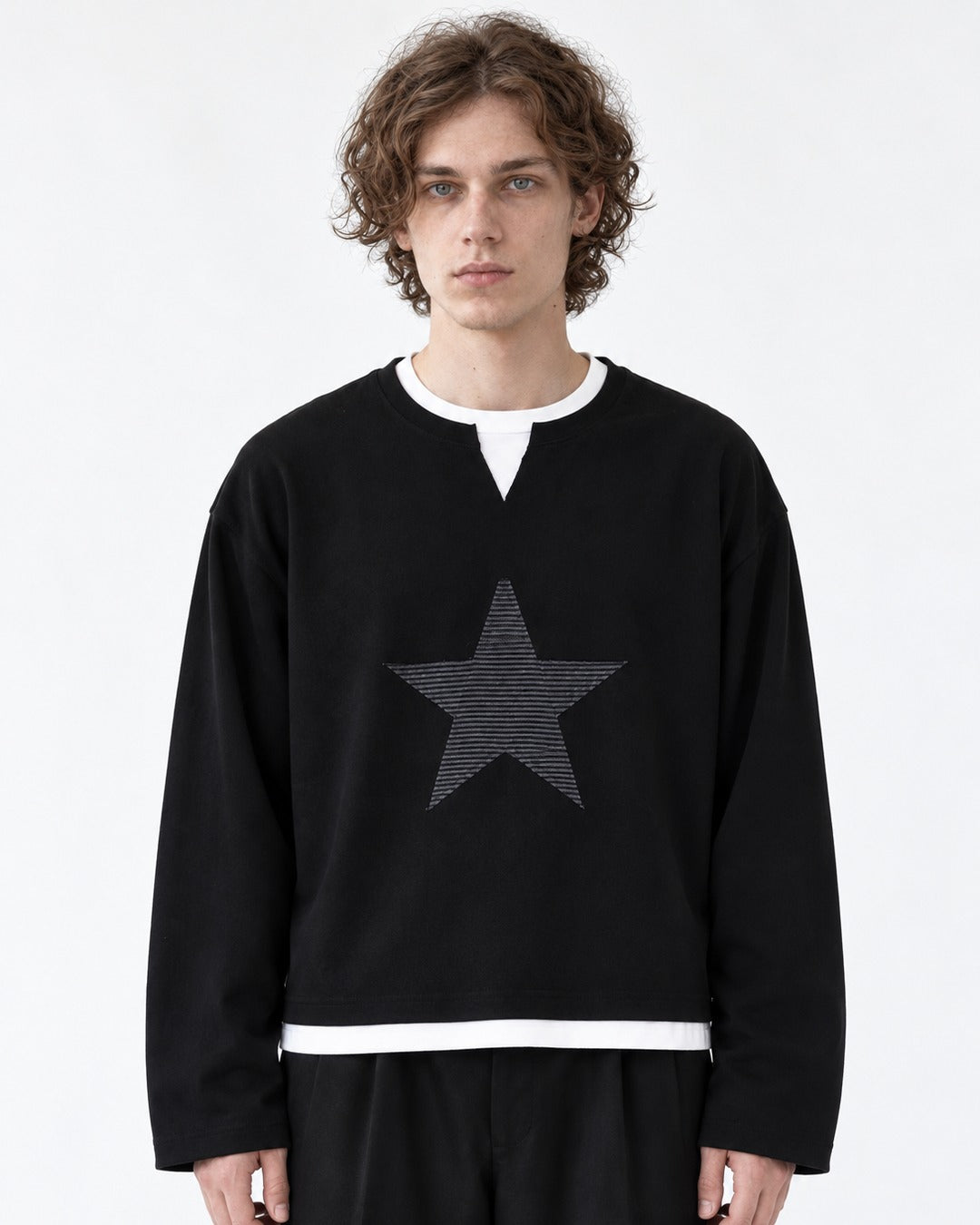Star Patch Layered Notch Neck Sweatshirt