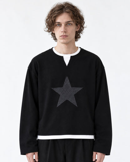 Star Patch Layered Notch Neck Sweatshirt