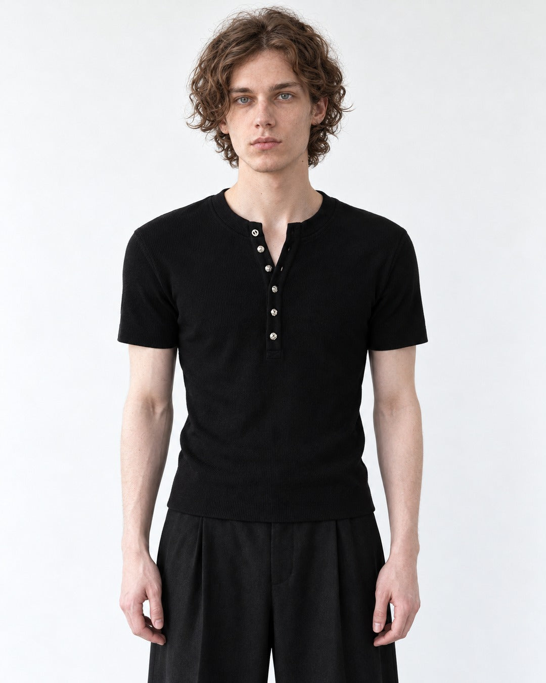 Ribbed Henley Tee with Metal Buttons