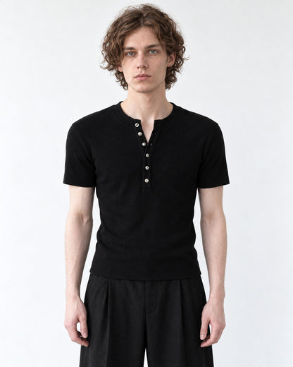 Ribbed Henley Tee with Metal Buttons