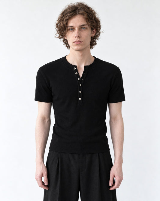 Ribbed Henley Tee with Metal Buttons