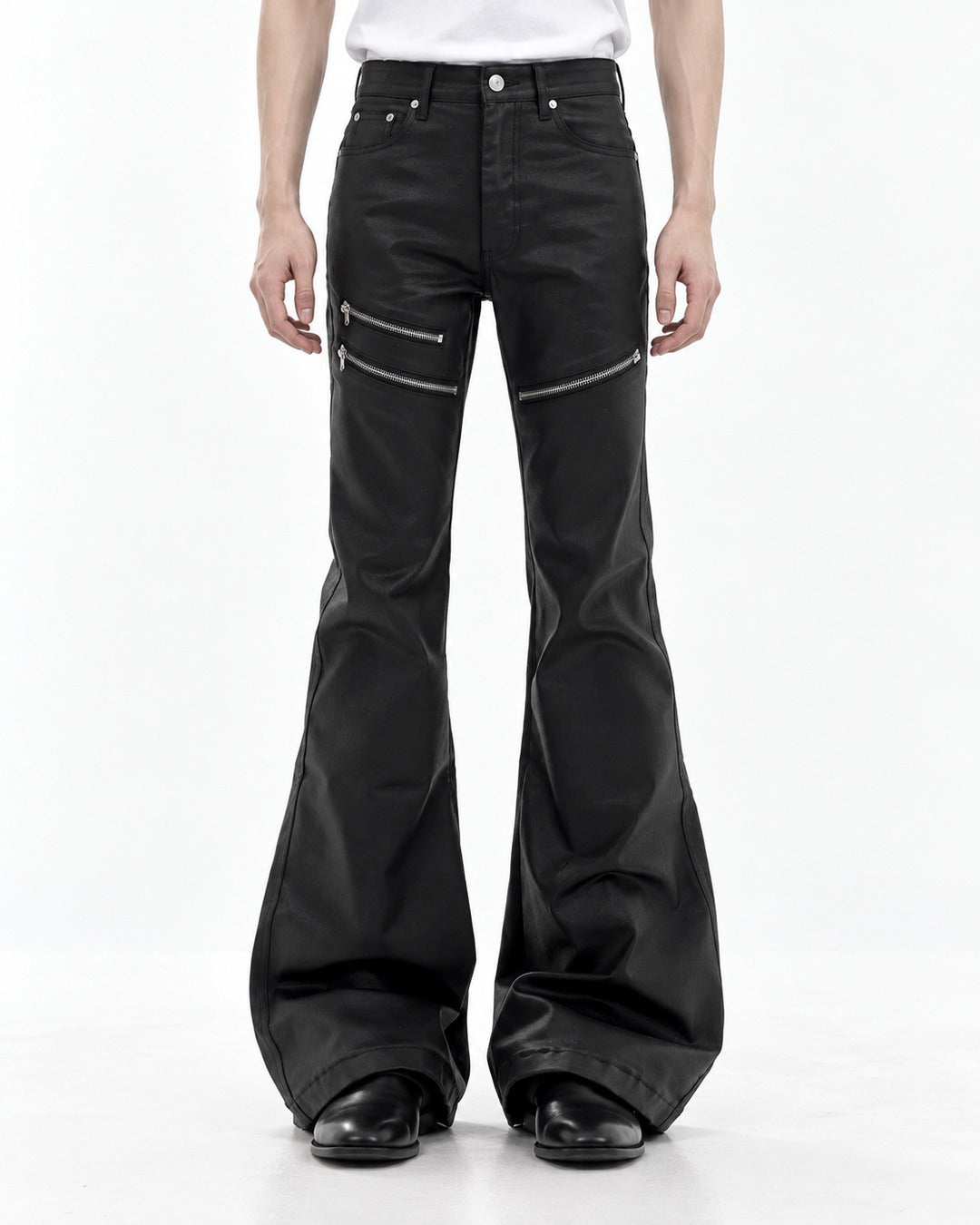 Zip Detail Flared Coated Pants
