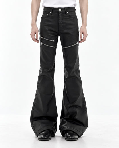 Zip Detail Flared Coated Pants