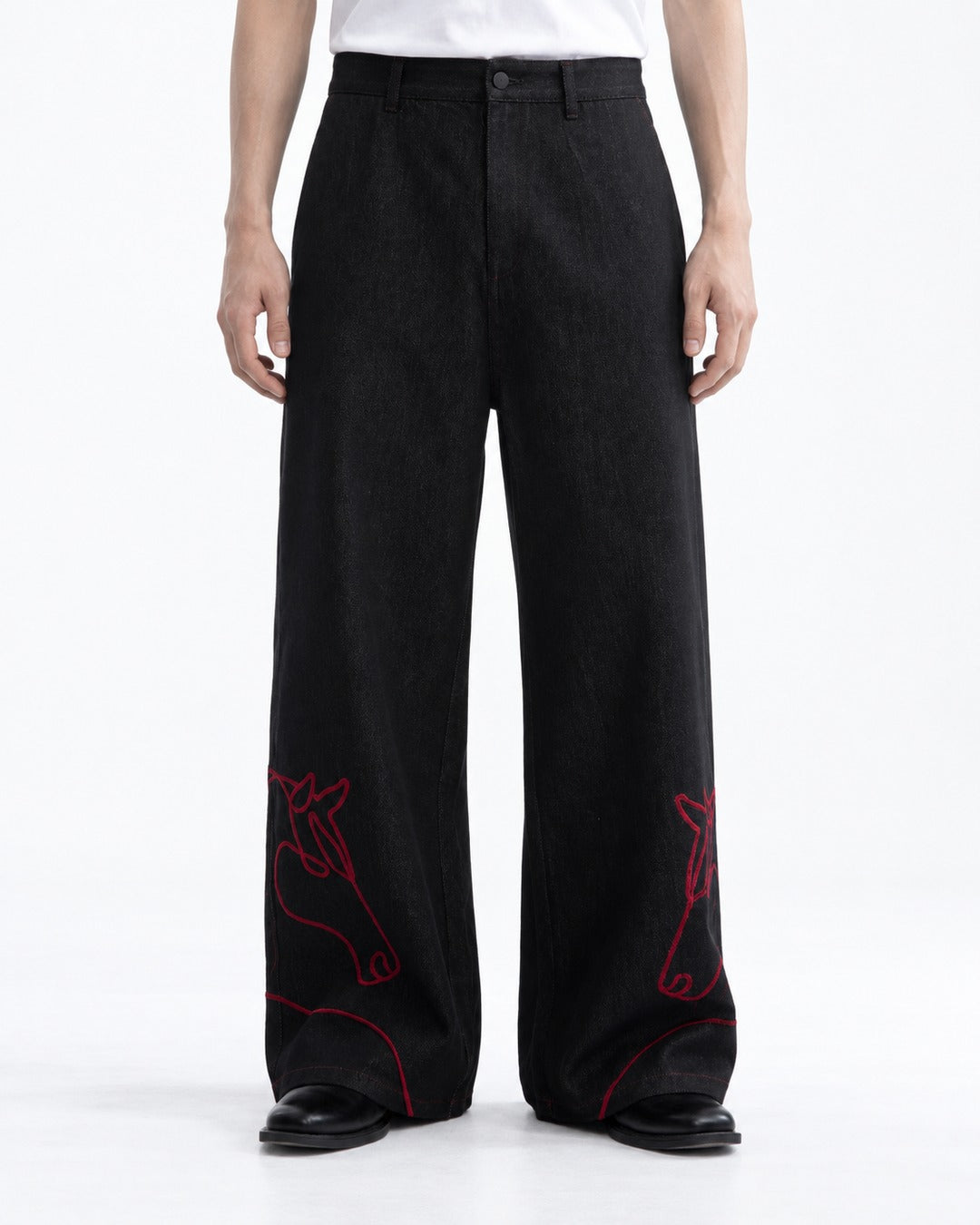 Red Horse Embroidered Wide-Leg Jeans
