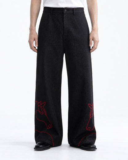 Red Horse Embroidered Wide-Leg Jeans