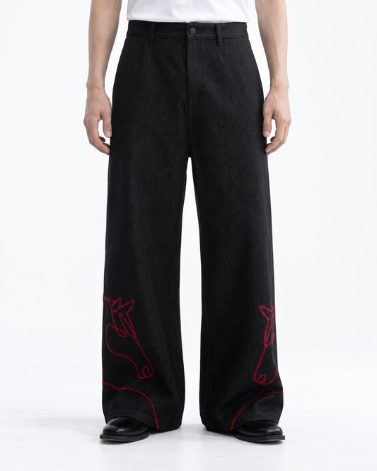 Red Horse Embroidered Wide-Leg Jeans