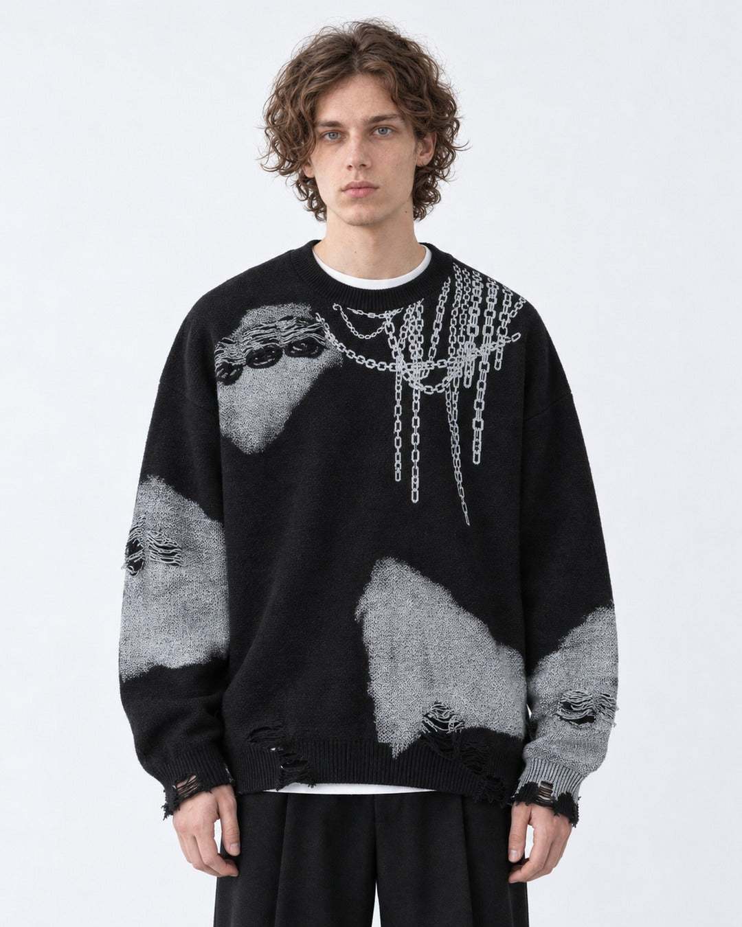 Chain-Print Distressed Sweater