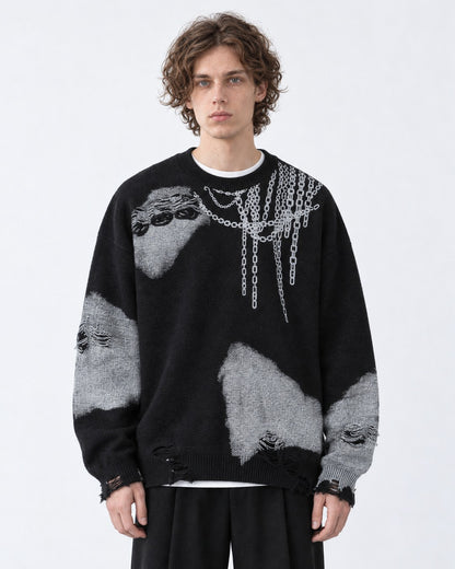 Chain-Print Distressed Sweater