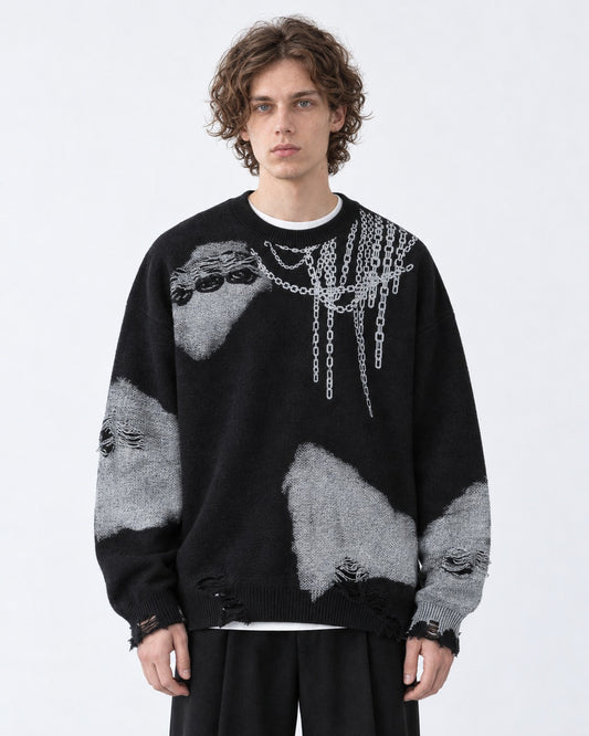 Chain-Print Distressed Sweater