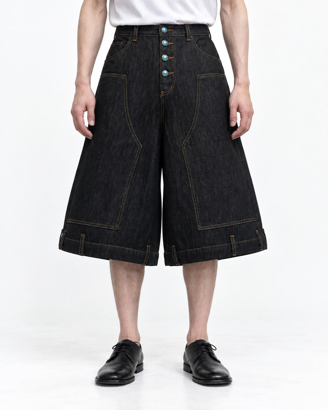 Contrast Stitch Button Fly Denim Shorts