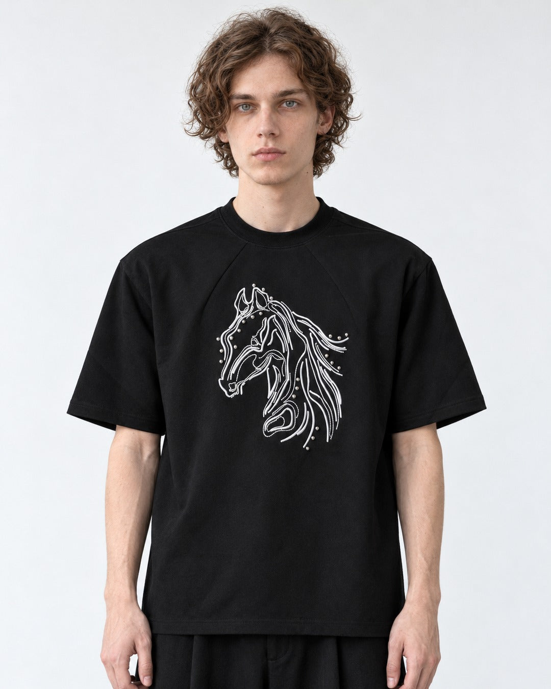 Horse Head Embroidered Mock-Neck T-Shirt