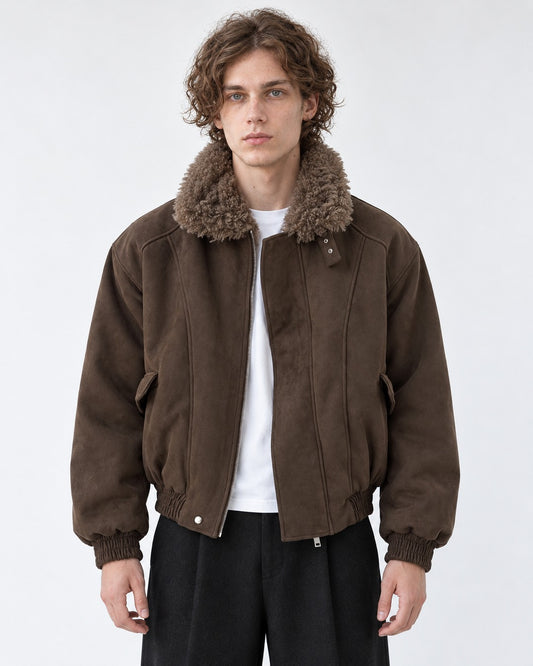 Shearling Collar Suede-Look Bomber Jacket