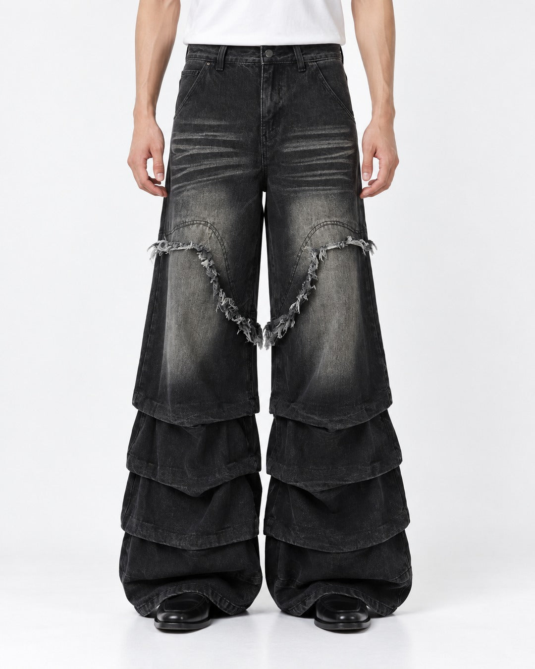 Fringed V-Seam Tiered Hem Jeans