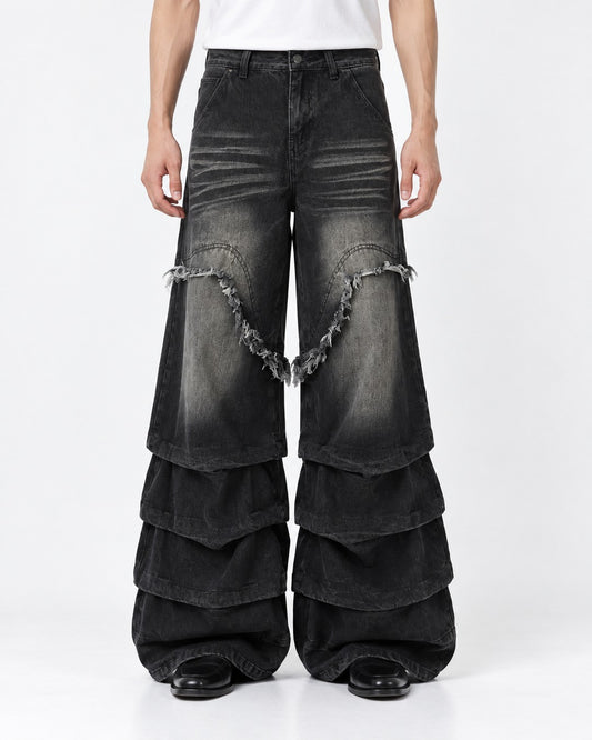 Fringed V-Seam Tiered Hem Jeans