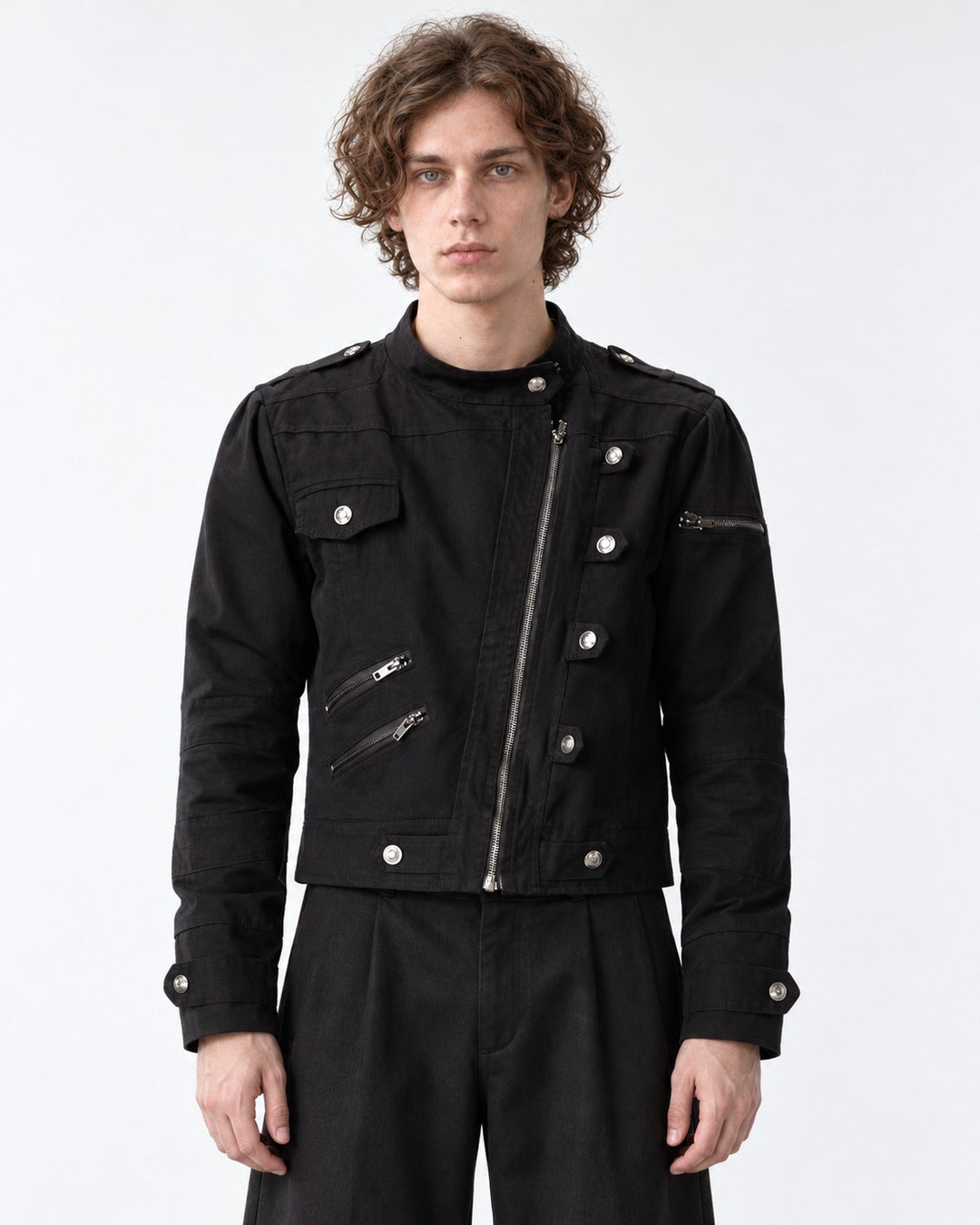 Studded Diagonal-Zip Stand Collar Jacket