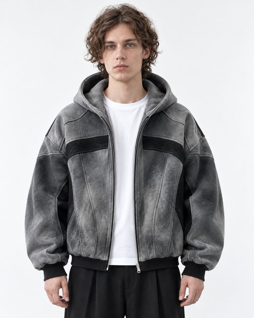 Washed Paneled Hooded Zip Jacket
