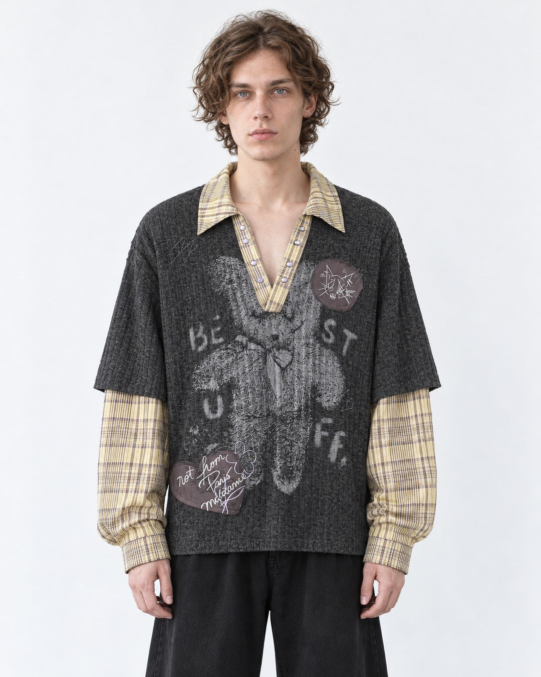 Layered Plaid-Trim Bear Graphic Knit Top